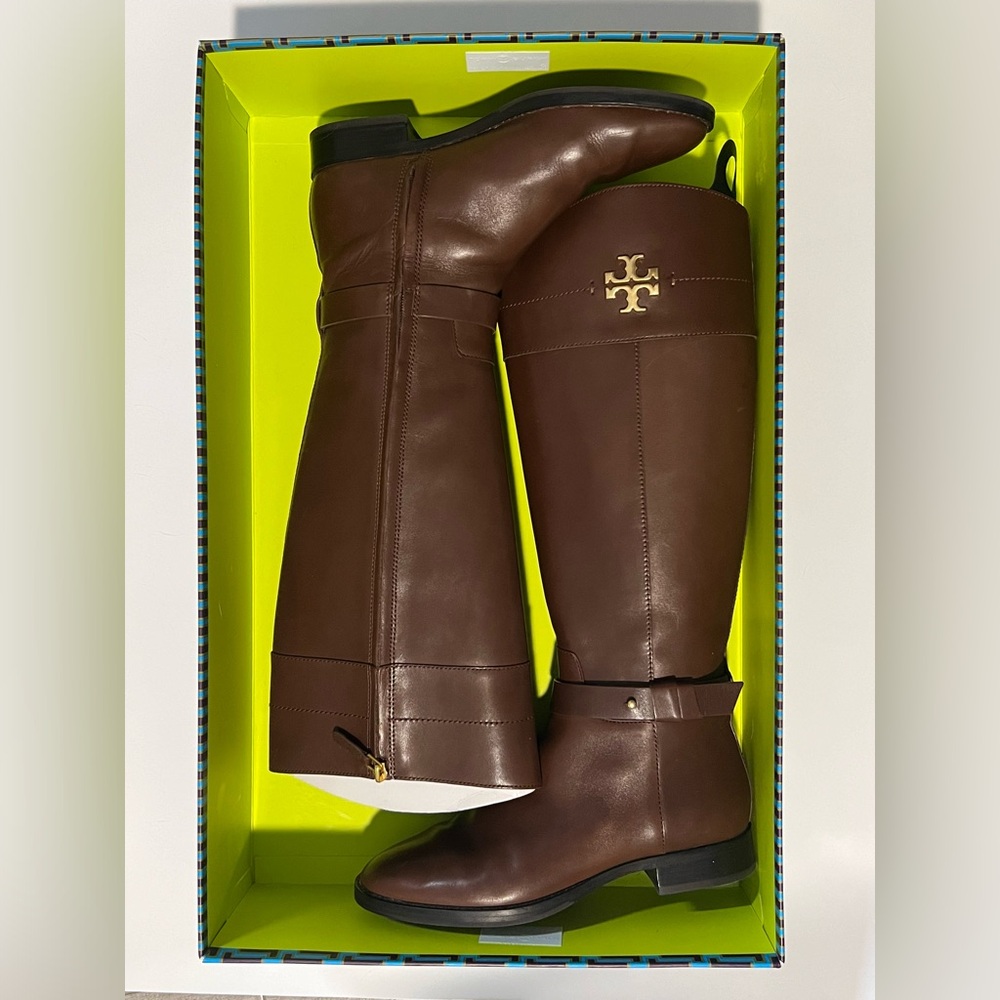 Tory Burch Brown Riding Boots with Gold TB Hardware Size 8W